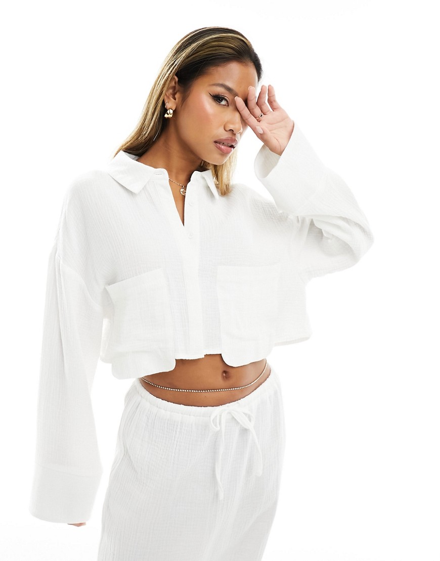 linen cropped tie back oversized shirt in white - part of a set
