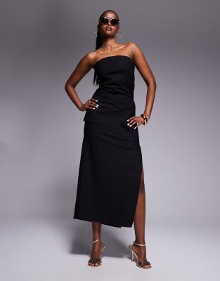 asos Kaiia linen look bandeau side tie top and midaxi skirt co-ord in black