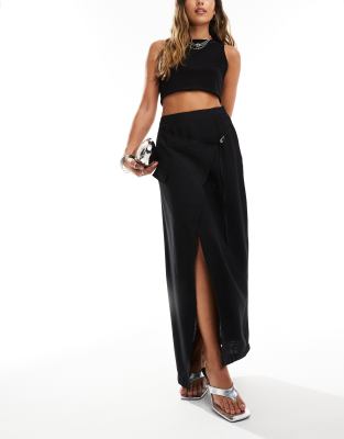 linen look buckle detail maxi skirt in black - part of a set