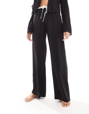 linen look contrast trim wide leg drawstring beach pants in black - part of a set