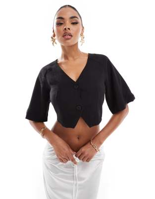 linen look cropped shirt in black - part of a set