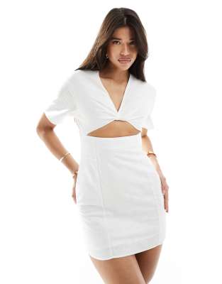 linen look cut out mini dress in white