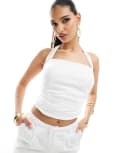 [Kaiia] Kaiia linen look halter square neck ruched detail top in white (part of a set) 16 WHITE