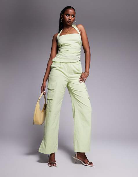 Kaiia linen look halterneck top and cargo trousers co-ord in sage green - view 1