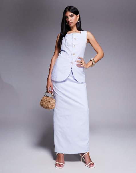 Kaiia linen look high neck waistcoat and maxi skirt set in dusty blue - view 1