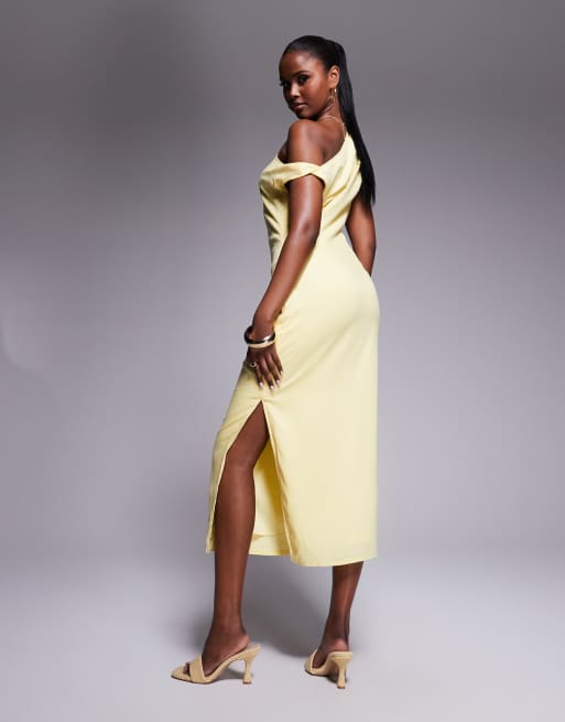 Kaiia linen look off shoulder twist detail midi dress in butter yellow