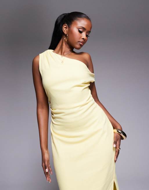 Kaiia linen look off shoulder twist detail midi dress in butter yellow