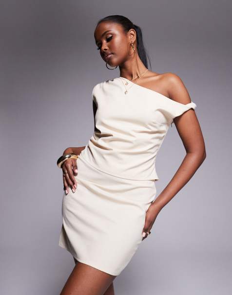 Kaiia linen look off shoulder twist detail top co-ord in cream - view 1