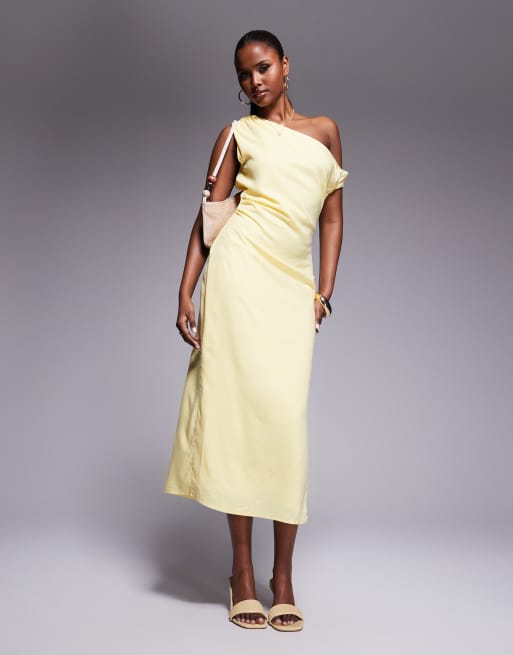 Kaiia linen look off the shoulder twist detail midi dress in butter yellow