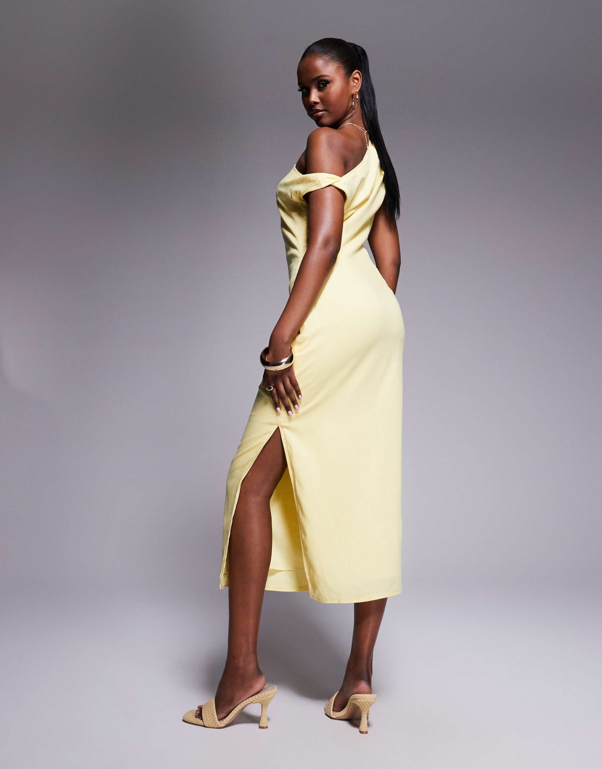 kaiia linen look off the shoulder twist detail midi dress in butter yellow