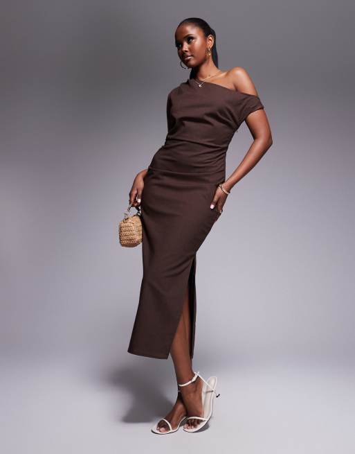 Kaiia linen look off the shoulder twist detail midi dress in chocolate brown