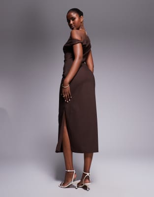 Kaiia Linen Look Off The Shoulder Twist Detail Midi Dress