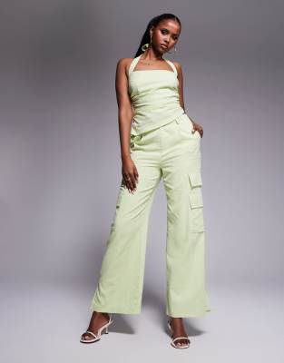 linen look pocket detail cargo pants in apple green - part of a set