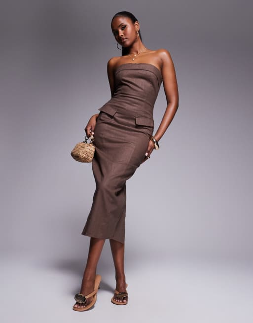 Kaiia linen look tailored fold over bandeau pocket detail midaxi dress in chocolate brown