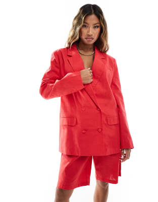 linen look tailored oversized double breasted blazer in red - part of a set