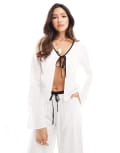 [Kaiia] Kaiia linen look tie front contrast trim beach shirt in white 4 WHITE