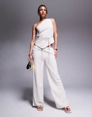 linen look wide leg pants in beige pinstripe - part of a set-Multi