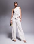 [Kaiia] Kaiia linen look wide leg pants in beige pinstripe (part of a set)-Multi 12 Taupe stripe