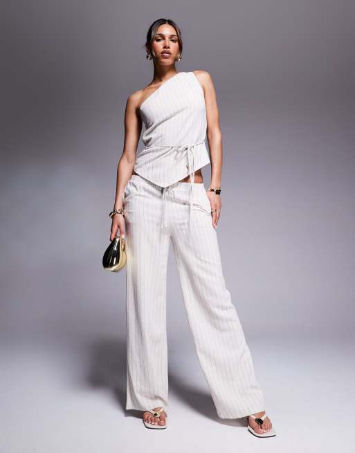 Kaiia linen look wide leg pants in beige pinstripe - part of a set