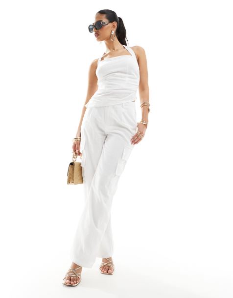 Kaiia linen look wide leg pocket detail trousers co-ord in white - view 1