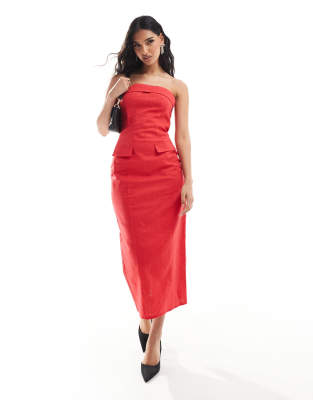 linen mix tailored fold over bandeau pocket detail maxi dress in red