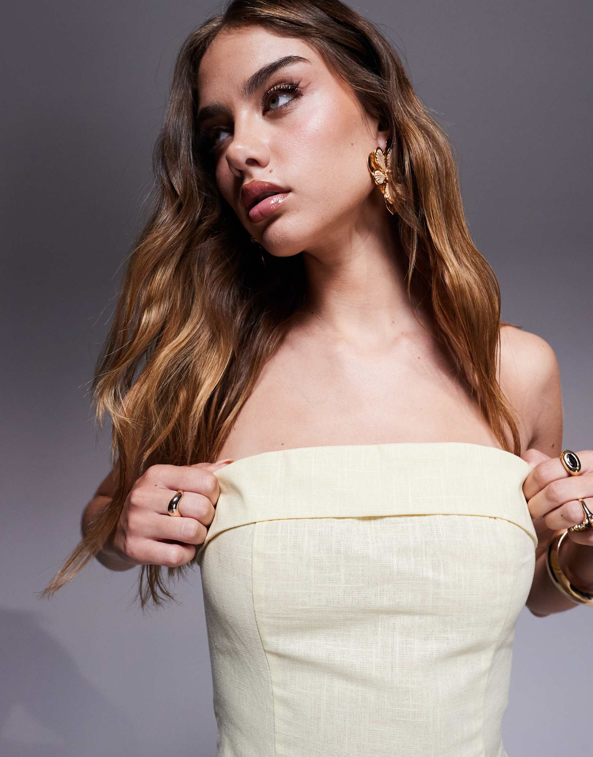 kaiia linen mix tailored fold over bandeau pocket detail midaxi dress in buttermilk