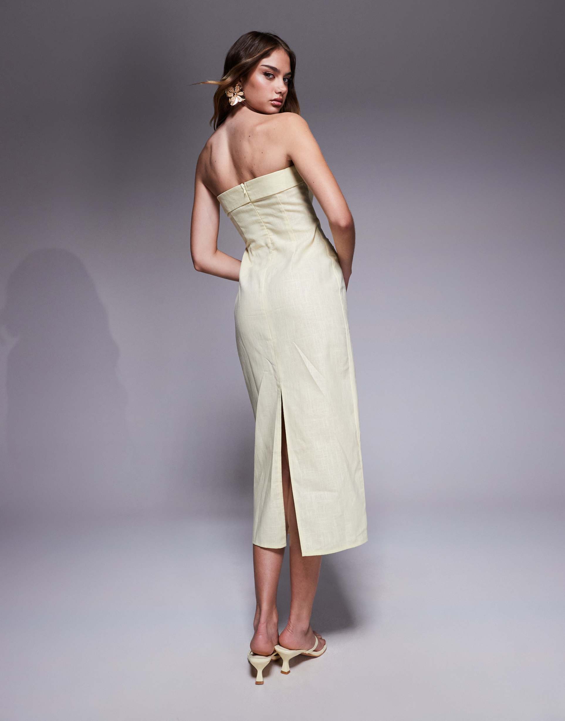 kaiia linen mix tailored fold over bandeau pocket detail midaxi dress in buttermilk