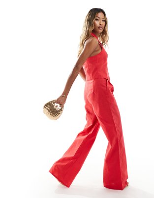 linen mix tailored wide leg pants in red - part of a set