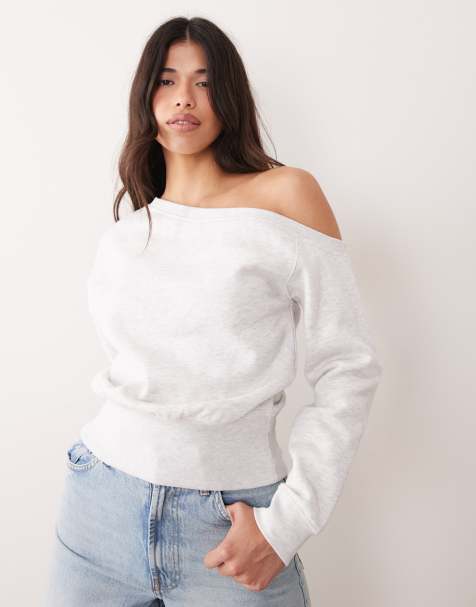 Kaiia – Ljusgråmelerad, enaxlad sweatshirt i oversized fit - view 1