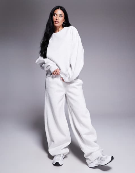 Kaiia logo detail cropped fitted t-shirt, sweatshirt and barrel leg joggers co-ord in light grey marl - view 1