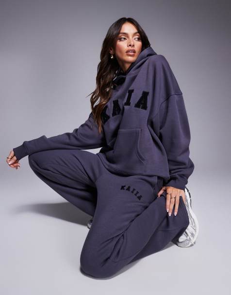 Kaiia logo oversized hoodie, wide leg jogger, cuffed jogger mix & match in dark grey - view 1