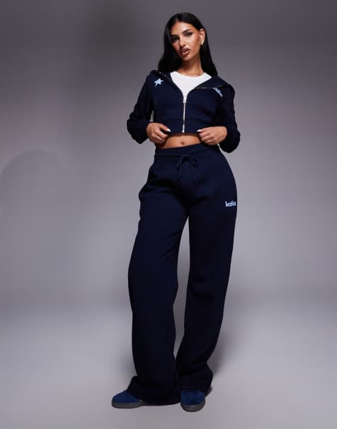 Kaiia logo ribbed waistband wide leg star logo trackies in navy (Part of a set) - view 1