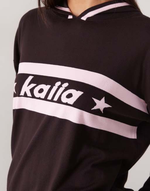 Kaiia logo stripe knitted v-neck hoodie co-ord in chocolate and pink, 2 of 4