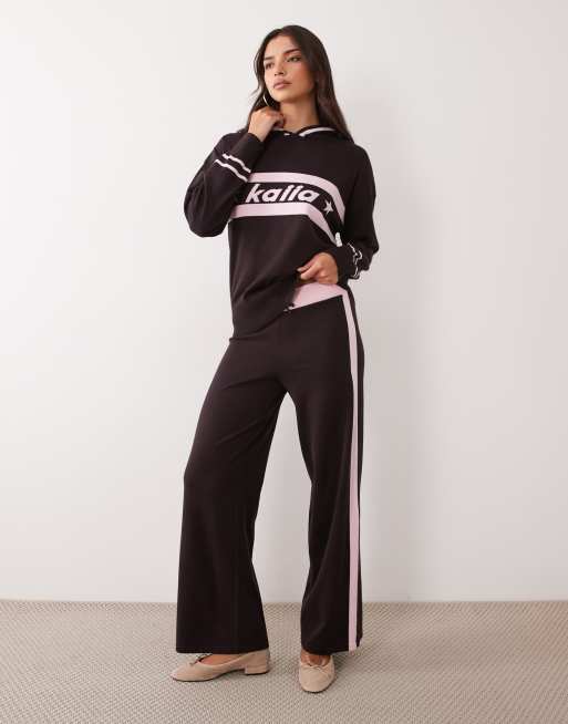 Kaiia logo stripe knitted v-neck hoodie co-ord in chocolate and pink, 3 of 4