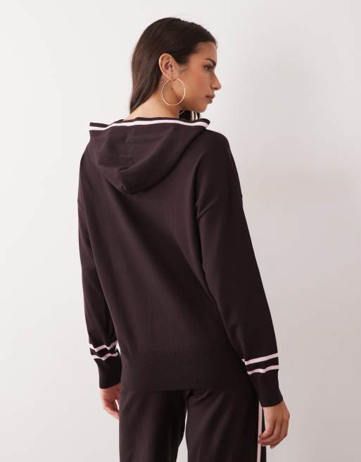 Kaiia logo stripe knitted v-neck hoodie co-ord in chocolate and pink, 4 of 4
