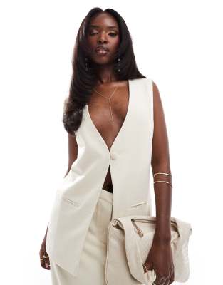 Kaiia longline button detail sleeveless waistcoat co-ord in stone-Neutral