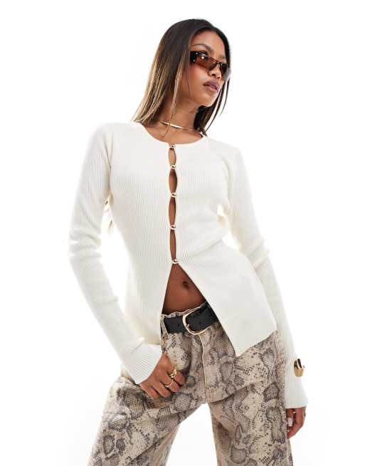 Kaiia – Longline-Strickjacke in Creme mit Schlitzknopfleiste vorn