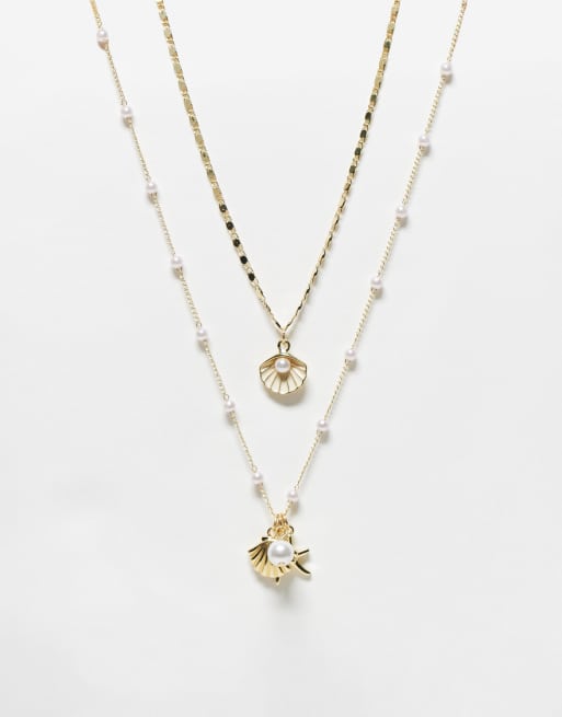 Kaiia - Lot de 2 colliers à pendentifs coquillages et perles - Doré