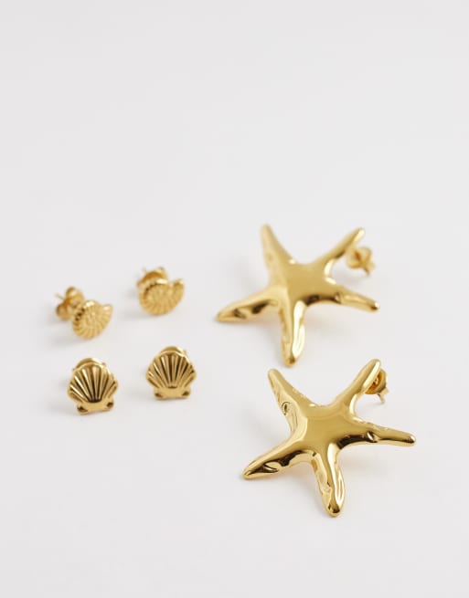 Kaiia - Lot de 3 paires de boucles d'oreilles étoile de mer et coquillage en acier inoxydable - Doré, 4 de 4