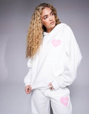 love hearts oversized hoodie in cream - part of a set-White