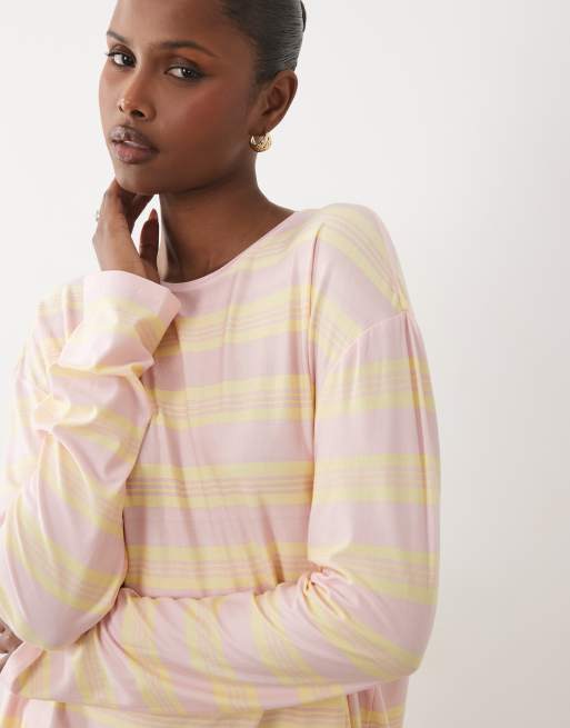 Kaiia - Lyserød og citrongul oversized top med rund hals, lange ærmer og striber i superblød jersey - Del af sæt, 3 af 4