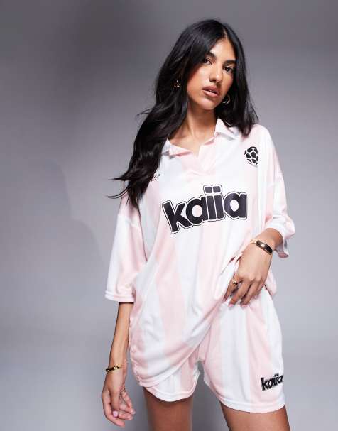 Kaiia - Maglia da calcio con scollo a V rosa e bianca a righe in coordinato - view 1