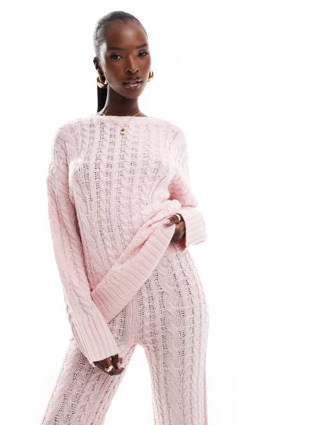 Kaiia - Maglione oversize rosa taglio lungo lavorato a trecce in coordinato - view 1