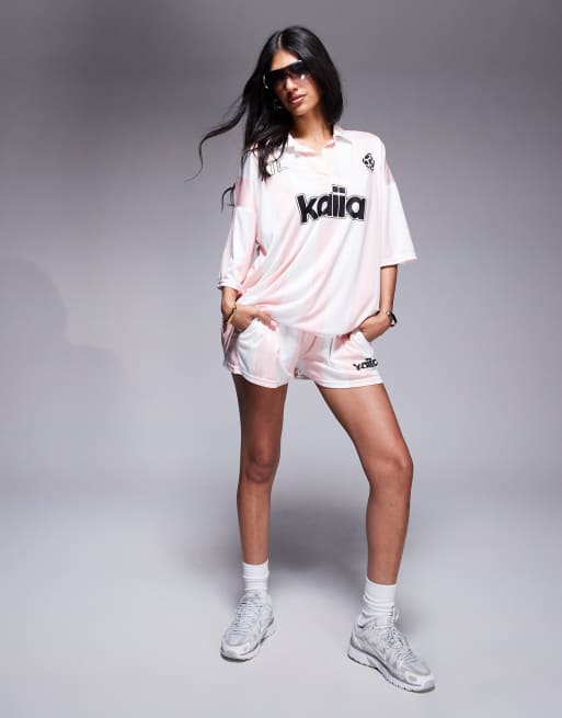 Kaiia - Maillot de football d'ensemble rayé à col V - Rose et blanc, 2 de 4