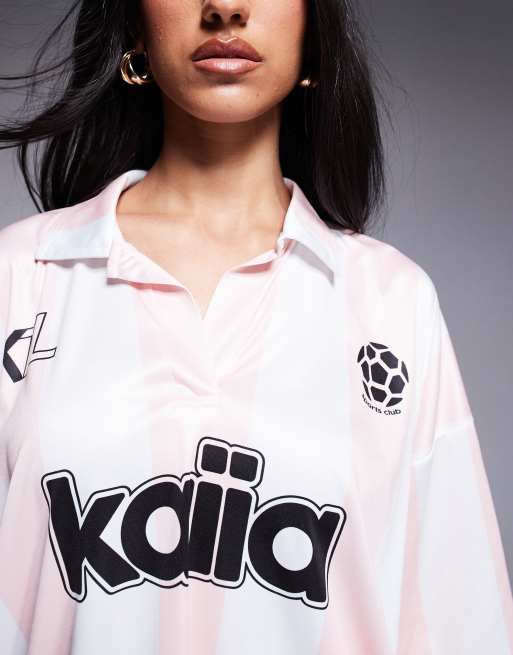 Kaiia - Maillot de football d'ensemble rayé à col V - Rose et blanc, 3 de 4