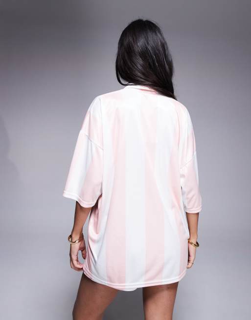 Kaiia - Maillot de football d'ensemble rayé à col V - Rose et blanc, 4 de 4