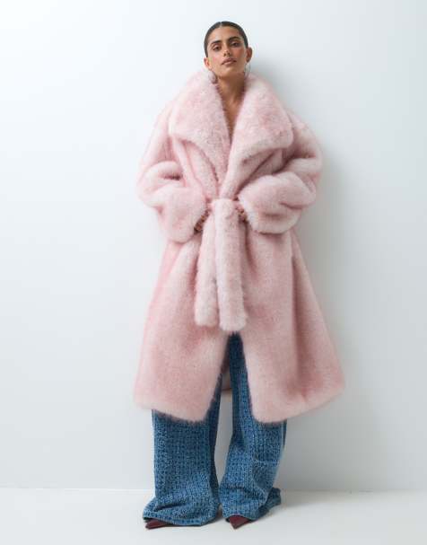 Kaiia manteau long ceinturé à col imitation fourrure rose bébé - view 1