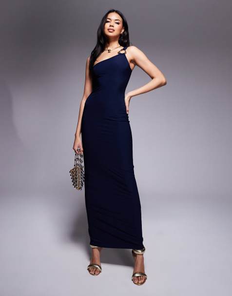 Kaiia - Marineblå tætsiddende oneshoulder-maxikjole med metalring - Kun hos ASOS - view 1