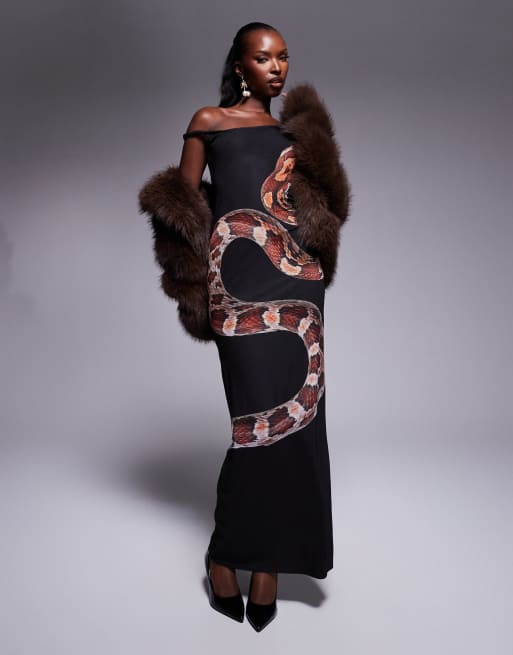 Kaiia - Maxi jurk van mesh met slangenprint en gedraaide schouderband in zwart