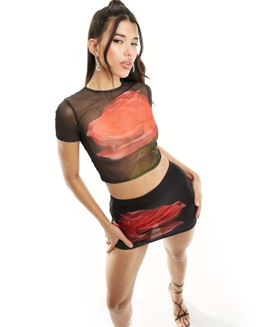 Kaiia mesh flower motif t-shirt in black (part of a set)